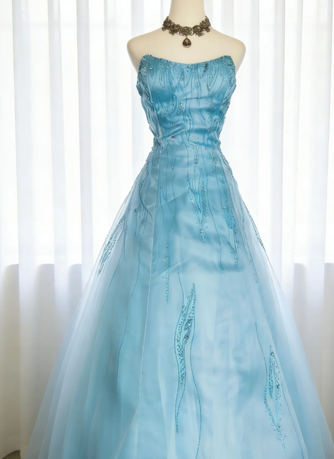 Classy Strapless Blue Tulle Beaded A Line Long Wedding Guest Dress Birthday Party Dress SP1637