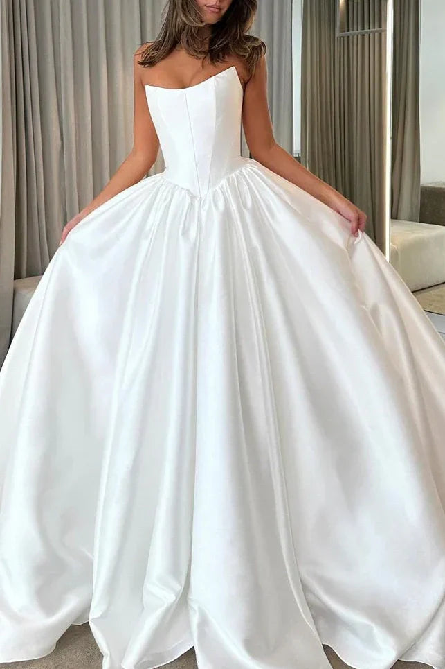 Satin A-Line Bateau Strapless With Train Wedding Dress
