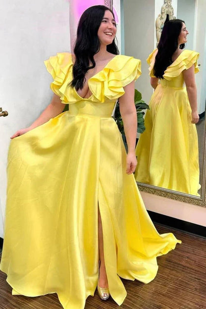 Satin A-Line Empire With Pockets Casual V-Neck Prom Dress