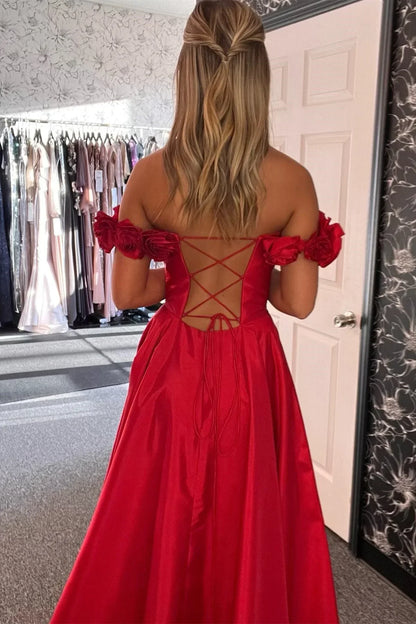 Satin A-Line Floral Spaghetti Straps Long Party Prom Dress
