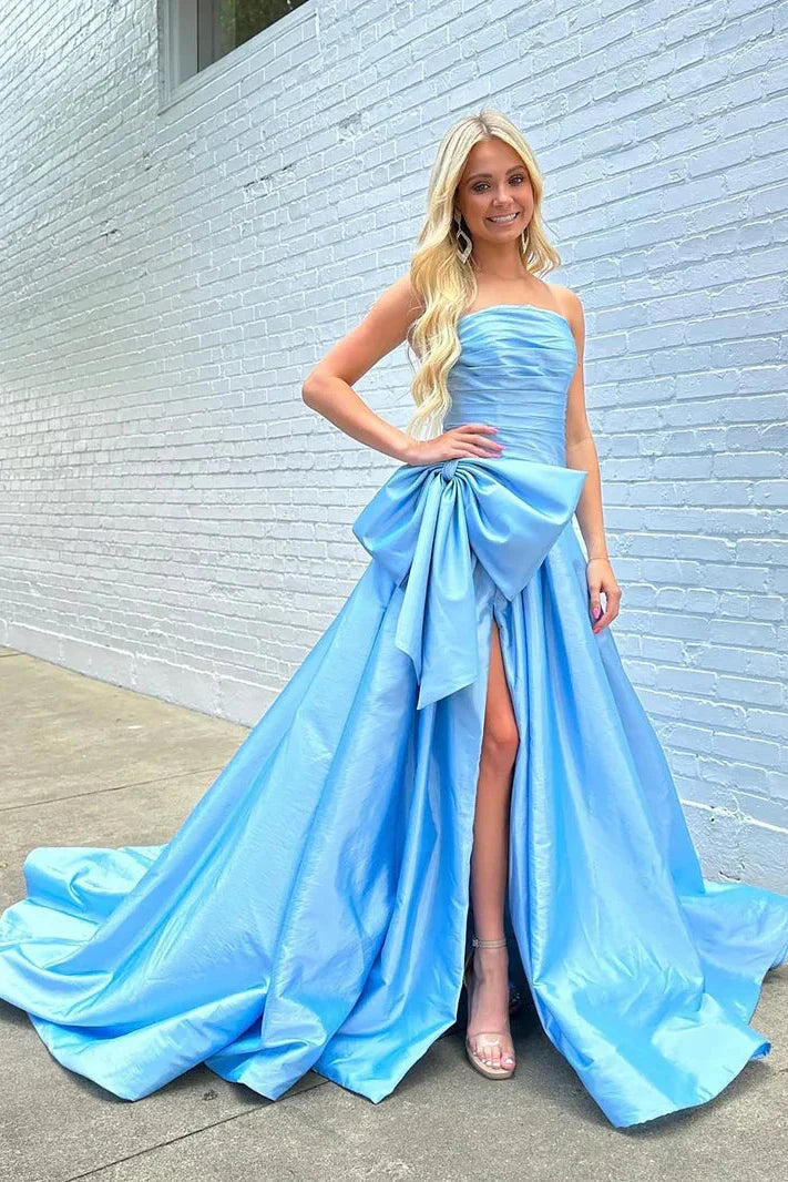 Satin A-Line Strapless Empire With Side Slit Prom Dress