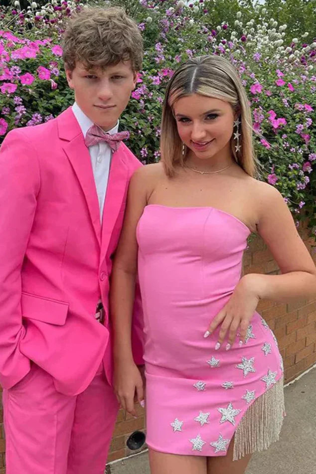 Satin Fitted Strapless Beaded Sexy Homecoming Dress