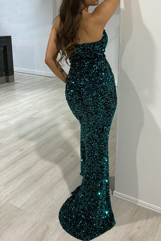 Sequins Bodycon Sweetheart Strapless With Side Slit Party Prom Dress