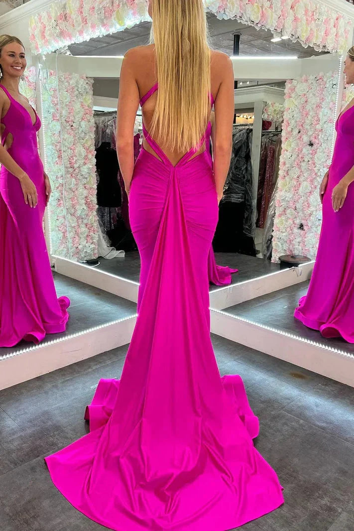 Sexy Satin Trumpet V-Neck Halter Open Back With Train Prom Dress