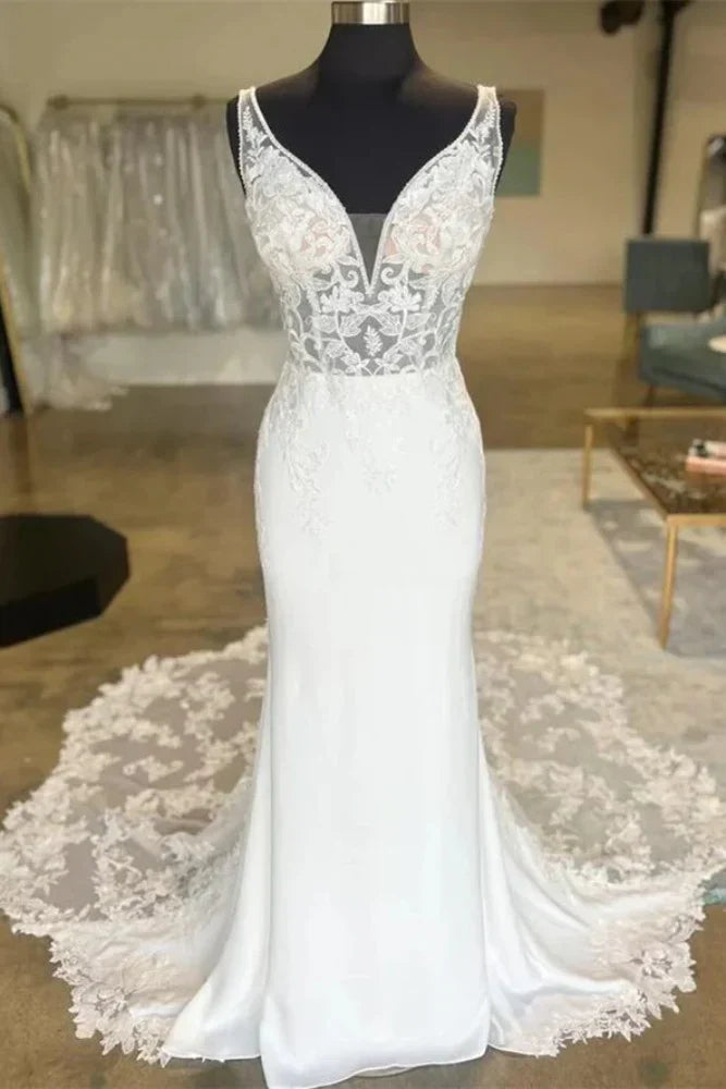 Sheath V-Neck Illusion Empire Appliques With Lace Train Wedding Dress