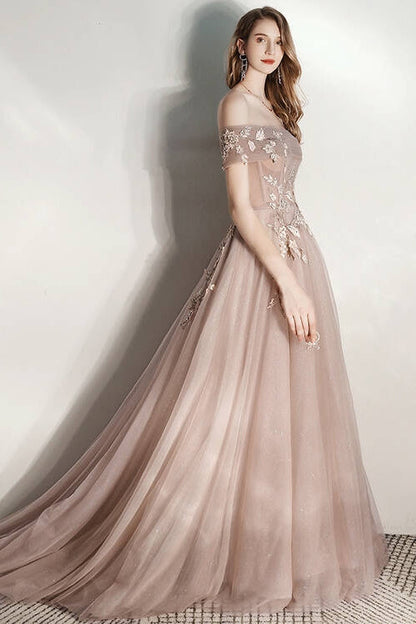 Off-Shoulder Tulle A-Line Empire Party Prom Gown