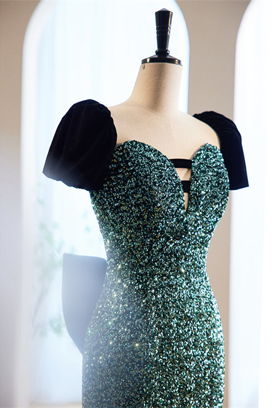 Hunter Green Mermaid Sequins Maxi Formal Dress with Bow