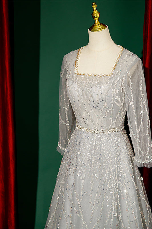 Grey Square Neck Long Sleeves Pearl Beaded Maxi Formal Dress