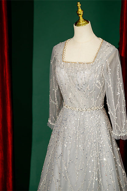 Grey Square Neck Long Sleeves Pearl Beaded Maxi Formal Dress