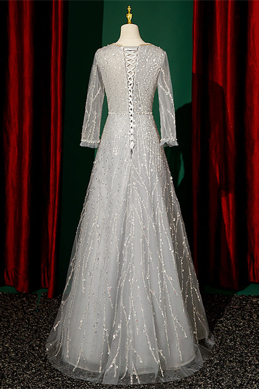 Grey Square Neck Long Sleeves Pearl Beaded Maxi Formal Dress