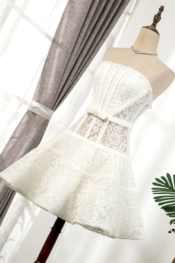 Ivory Strapless Pearl Beaded Lace Homecoming Dress with Bow