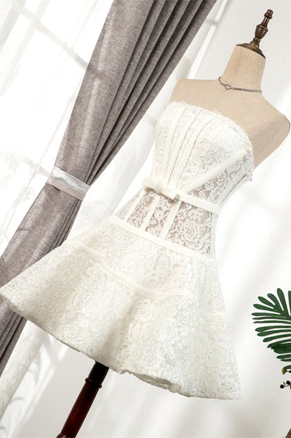 Ivory Strapless Pearl Beaded Lace Homecoming Dress with Bow