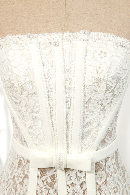 Ivory Strapless Pearl Beaded Lace Homecoming Dress with Bow