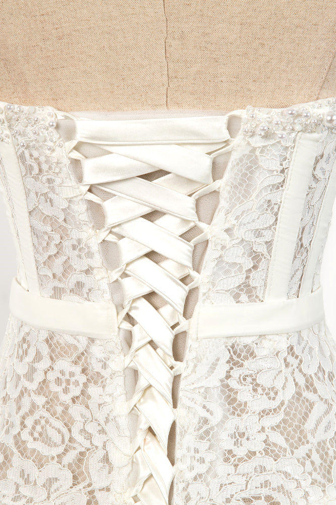 Ivory Strapless Pearl Beaded Lace Homecoming Dress with Bow