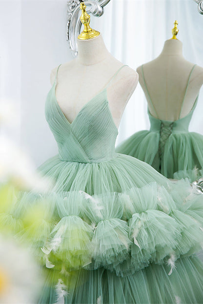 Mint Green Deep V Neck Pleated Straps Ruffle-Layers Maxi Formal Dress