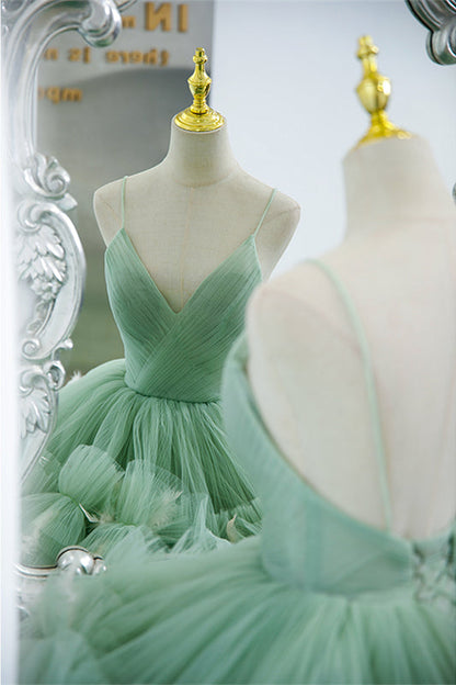 Mint Green Deep V Neck Pleated Straps Ruffle-Layers Maxi Formal Dress