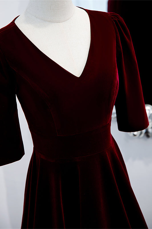 Burgundy V Neck Half Sleeves Velvet Maxi Formal Dress