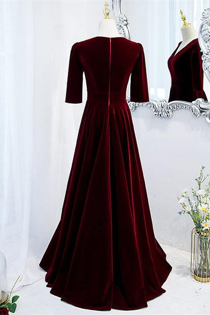 Burgundy V Neck Half Sleeves Velvet Maxi Formal Dress
