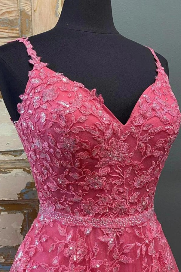 Spaghetti Straps Backless Tulle A-Line Appliques Prom Dress