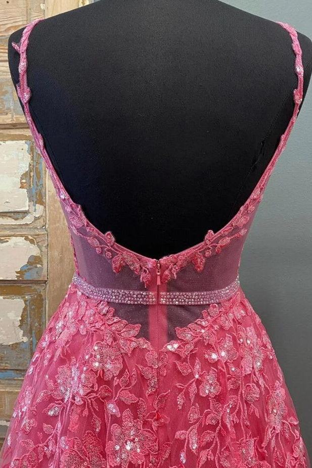 Spaghetti Straps Backless Tulle A-Line Appliques Prom Dress