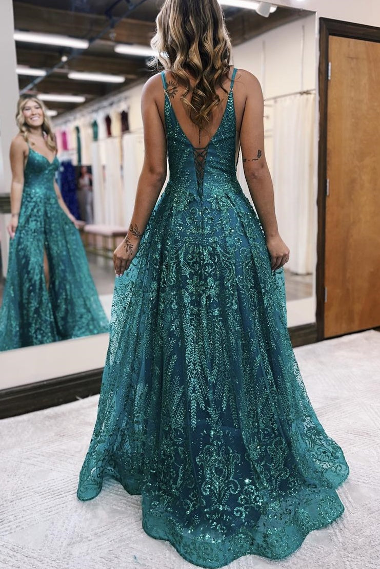 V-Neck Sleeveless Tulle A-Line Appliques Long Formal Prom Dress