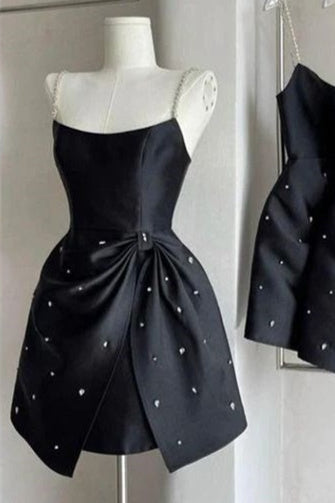Spaghetti strap short dress rhinestone satin dress Homecoming Dress