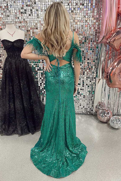 Sparkly Sequins Feathers Off-Shoulder With Side Slit Prom Dress