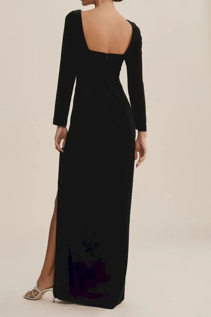 Square Long Sleeves Fitted Velvet Dress With Slit