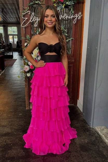 Strapless Chiffon Tiered A-Line Long Prom Dress With Side Slit
