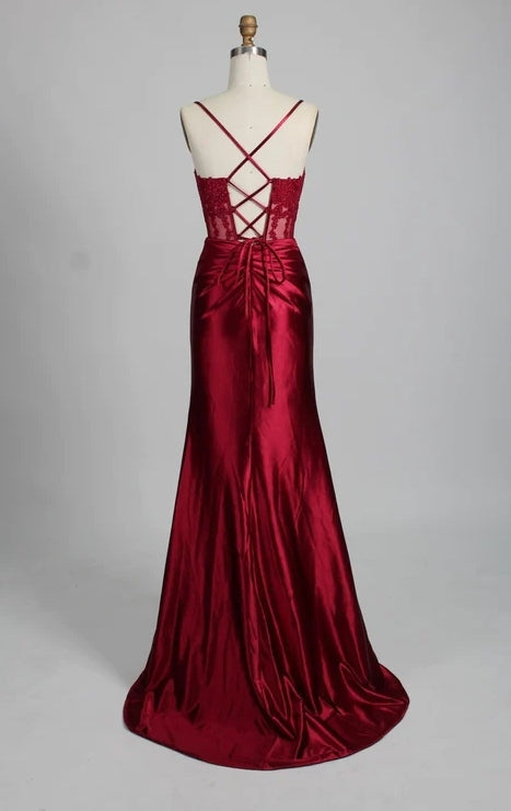 Straps Appliques Satin Mermaid Prom Dress With Slit