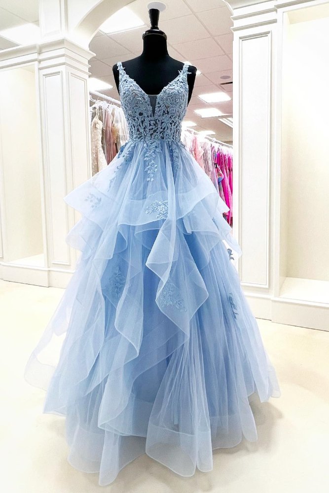 Straps Light Blue Applique A-Line Layers Prom Dress