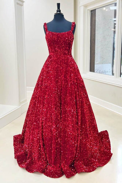 Straps Red Sequin A-Line Long Prom Dress