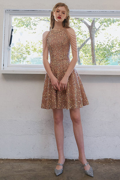 Stunning Rose Gold Sequined Short Party Dress