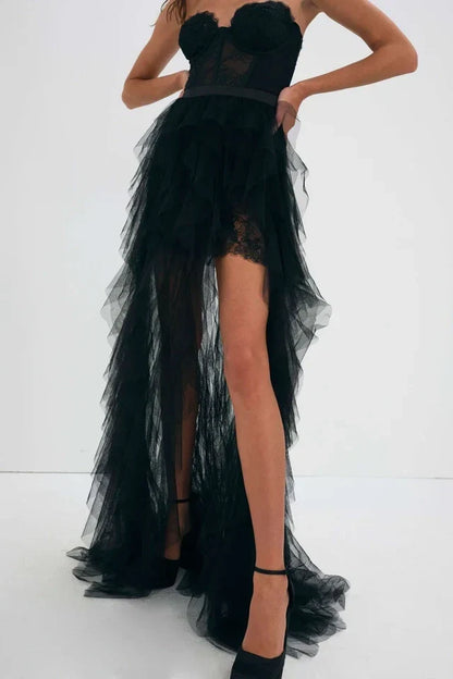 Sweetheart Lace Sleeveless Sheer Tiered Tulle Party Prom Dress