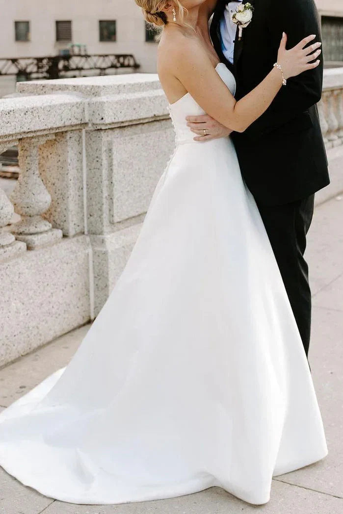 Sweetheart Strapless Satin A-Line Empire With Train Wedding Dress