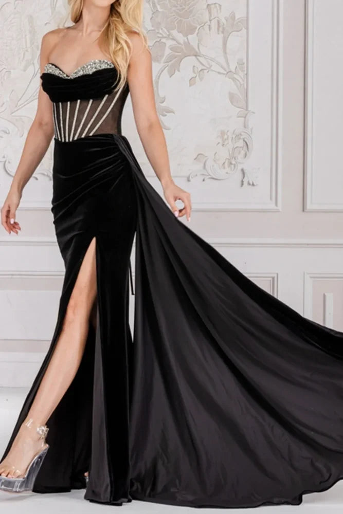 Sweetheart Strapless Sheer Empire Beaded Long Prom Dress