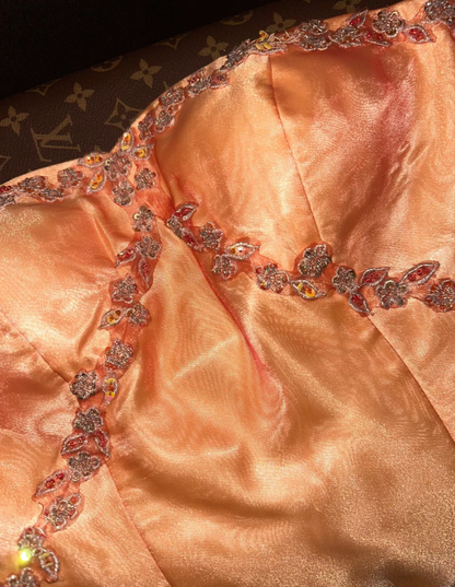 Elegant Orange Strapless Tulle Satin Beaded Mermaid Long Party Dress Formal Wedding Guest Dress SP1416