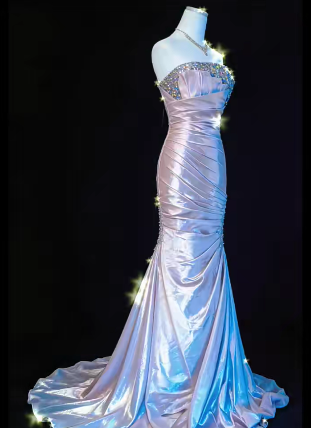 Elegant Purple Strapless Beaded Satin Pleated Mermaid Long Party Dress Prom Gown SP1851