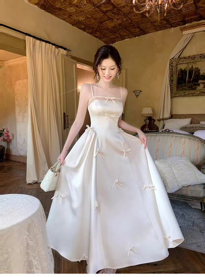 Elegant White Spaghetti Straps Satin A Line Long Evening Dress Birthday Prom Dress With Bow SP1539