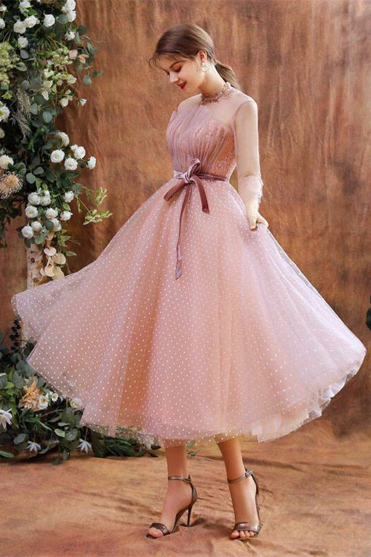 Tea Length Pink Polk Dots Party Dress
