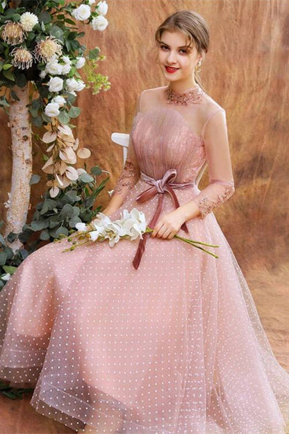 Tea Length Pink Polk Dots Party Dress