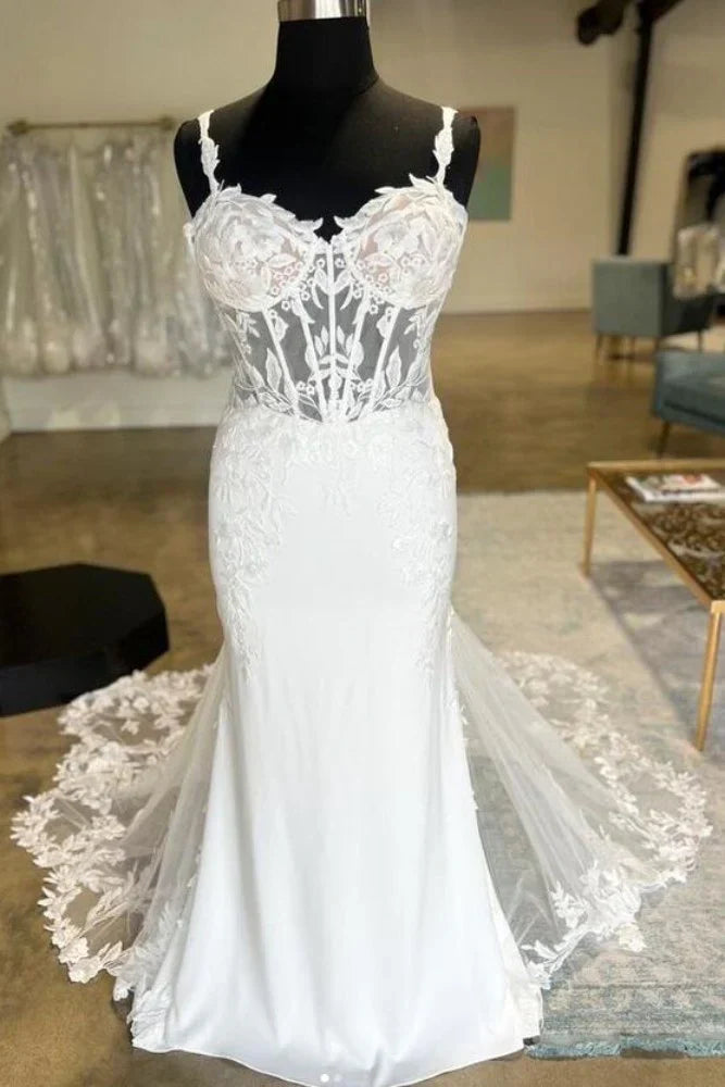 Trumpet Sweetheart Spaghetti Straps Sheer Empire With Train Wedding Dress