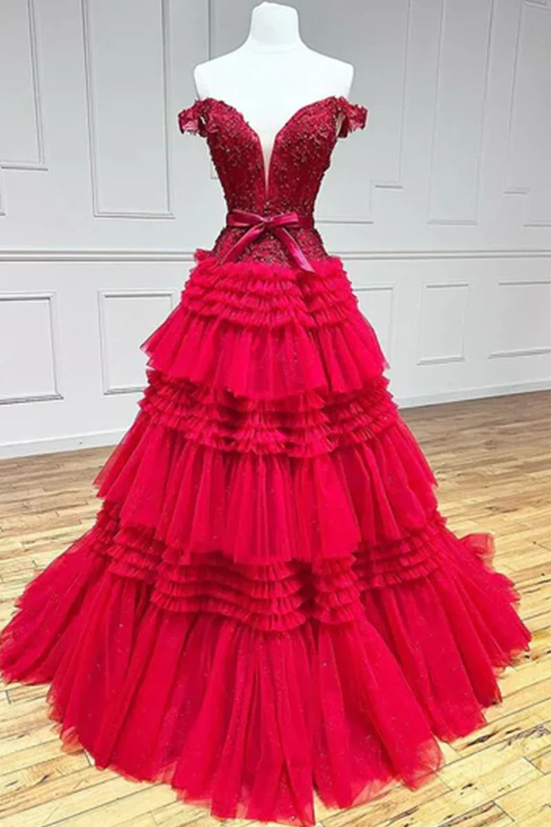 Off-Shoulder Empire Tiered Tulle A-Line Party Prom Dress