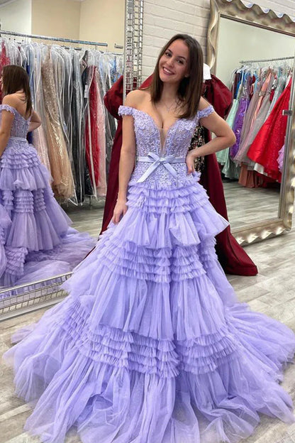Off-Shoulder Empire Tiered Tulle A-Line Party Prom Dress