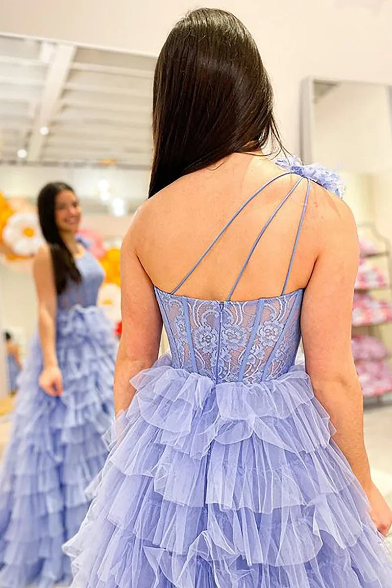One Shoulder A-Line Empire Tiered Tulle Party Prom Dress