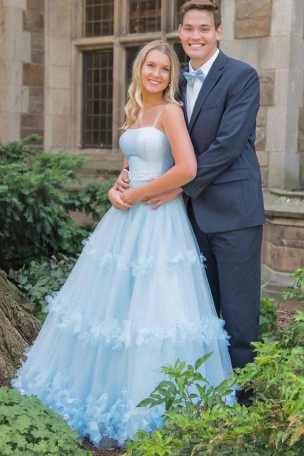 Tulle A-Line Spaghetti Straps Floral Formal Prom Dress