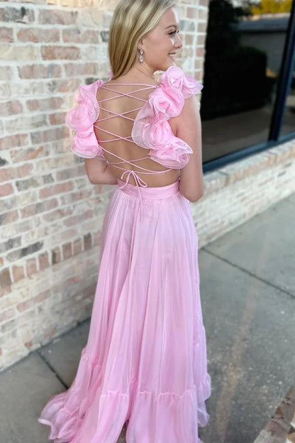 Tulle A-Line V-Neck Sleeveless Lace Up Prom Dress