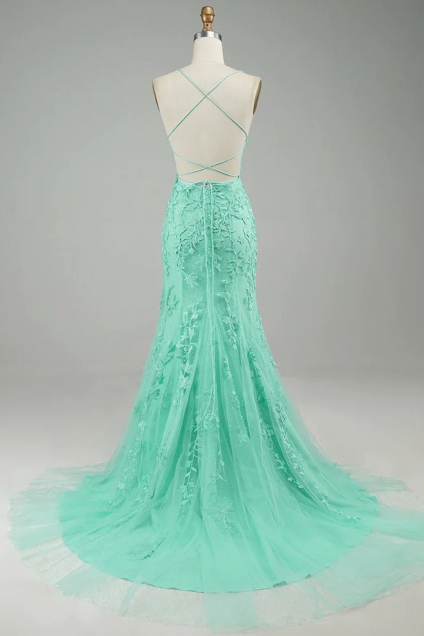 Turquoise Straps Appliques Tulle Mermaid Prom Dress