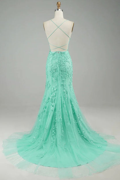Turquoise Straps Appliques Tulle Mermaid Prom Dress