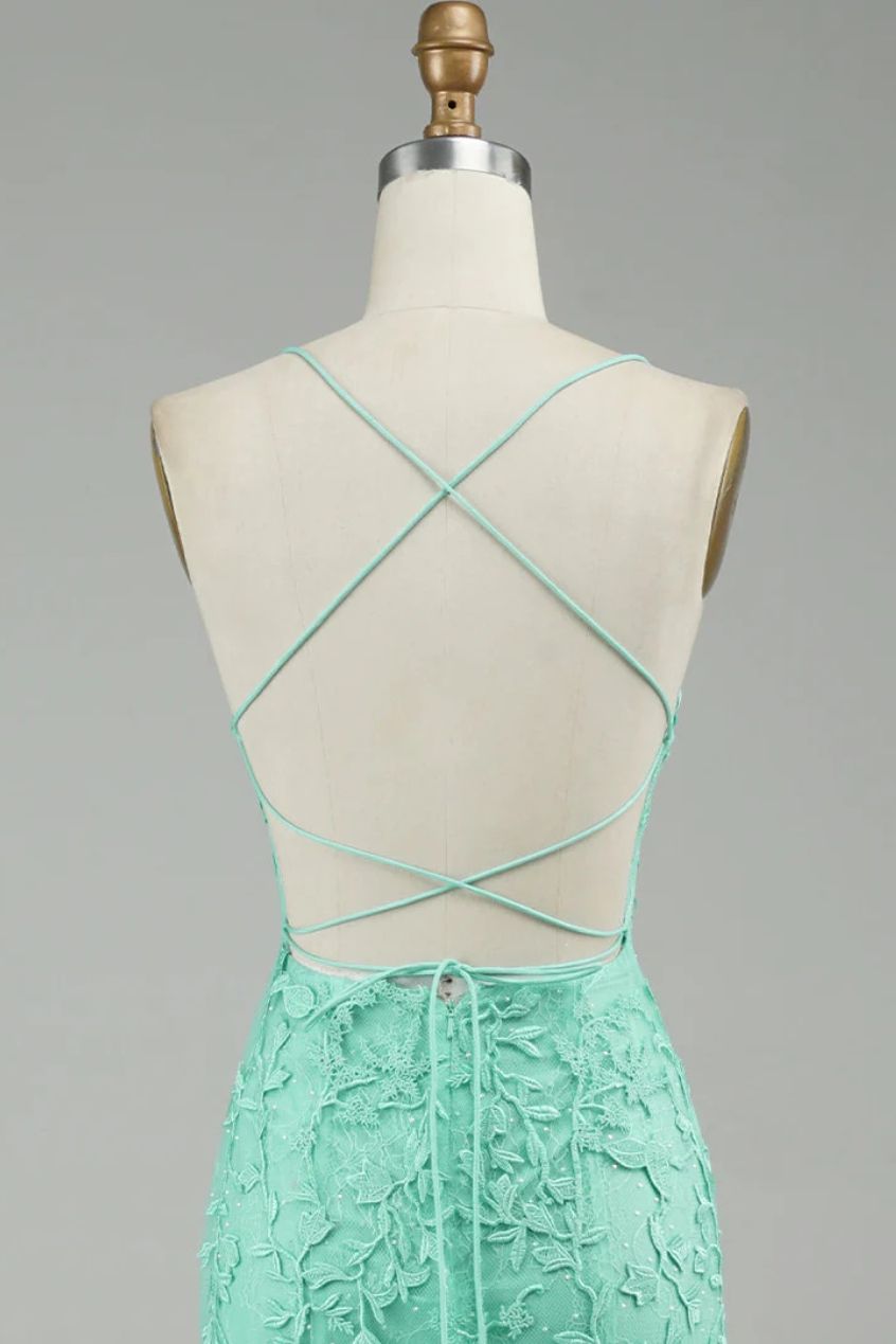 Turquoise Straps Appliques Tulle Mermaid Prom Dress
